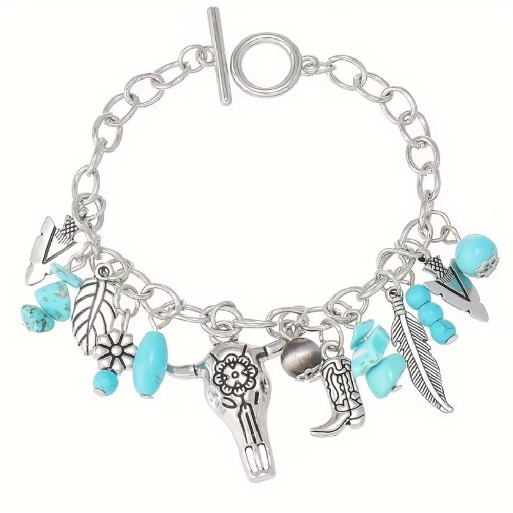 Western Bracelet Silver and Turquoise Charm Bracelet Cowboy Style Cowgirl - Picture 3 of 6